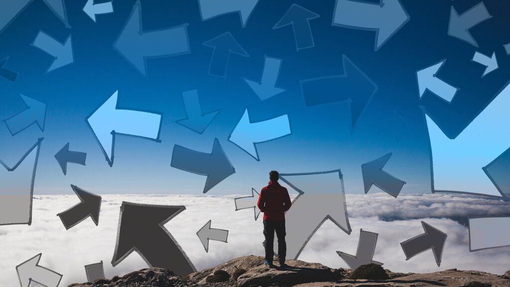 arrows, man, summit, climax, career, lots, direction, right, left, straight, circle, recycling, path, different, seek, clutter, order, chaos, chaos, chaos, chaos, chaos, chaos