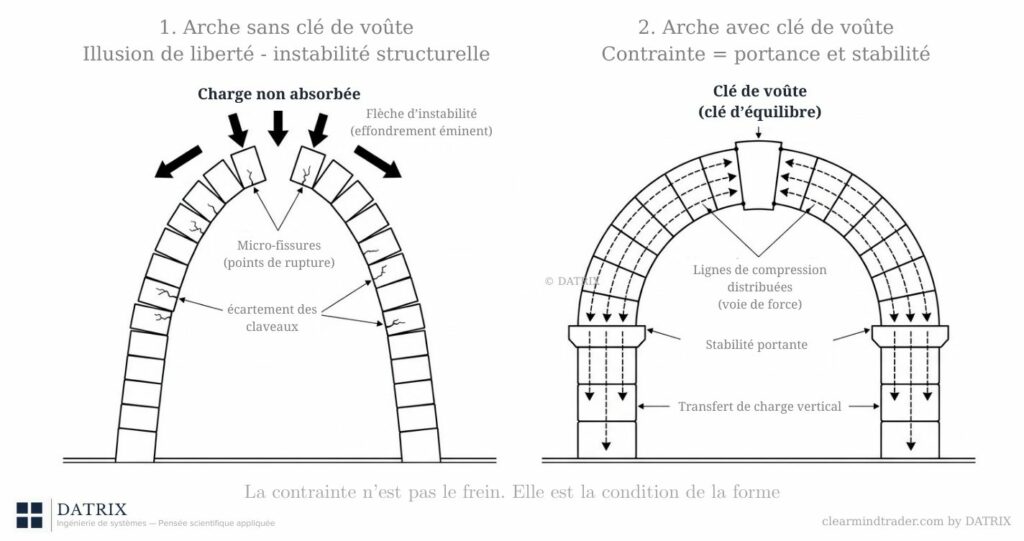Deux arches en coupe minimaliste : une sans appui central, une avec voûte et clé de voûte. La contrainte n’est pas le frein. Elle est la condition de la forme - cleamindtrader.com